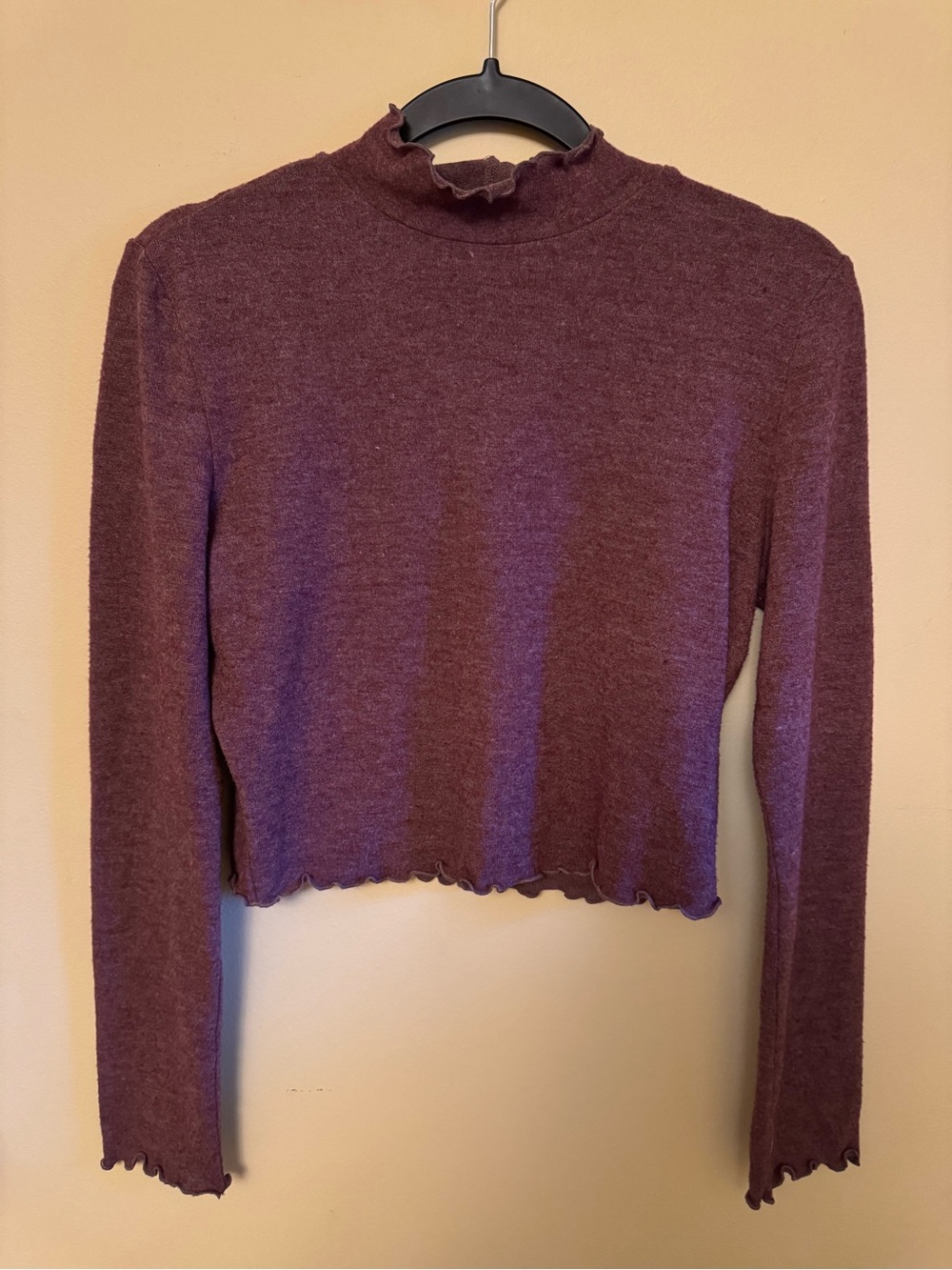 Plum Ruffle-Trim Mock Neck Long Sleeve Crop Top